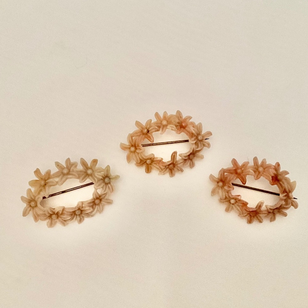 Set of Three Light Pink Oval Celluloid Floral Wreath Vintage Pins Brooches